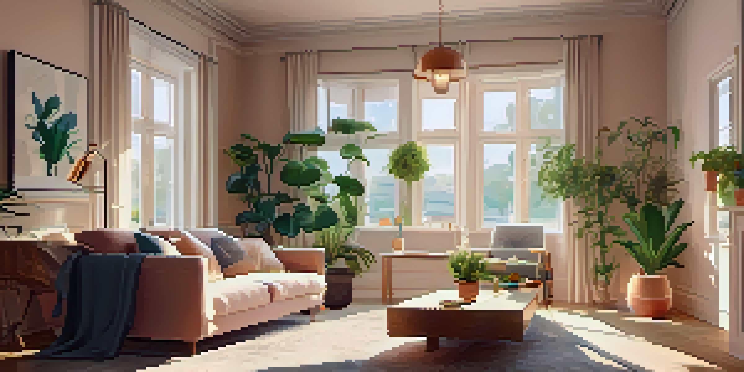 A warm and inviting living room with sunlight streaming through a window, showcasing a sofa and coffee table with real estate magazines.