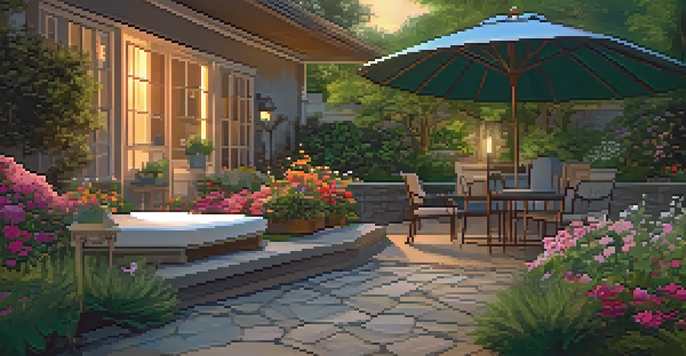 A peaceful garden oasis with comfortable seating, colorful flowers, and a small fountain, illuminated by soft string lights.