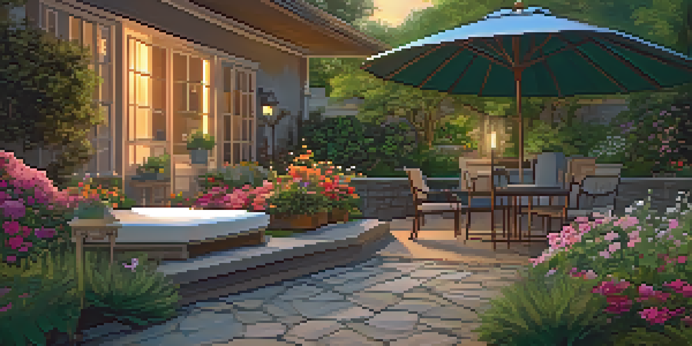 A peaceful garden oasis with comfortable seating, colorful flowers, and a small fountain, illuminated by soft string lights.