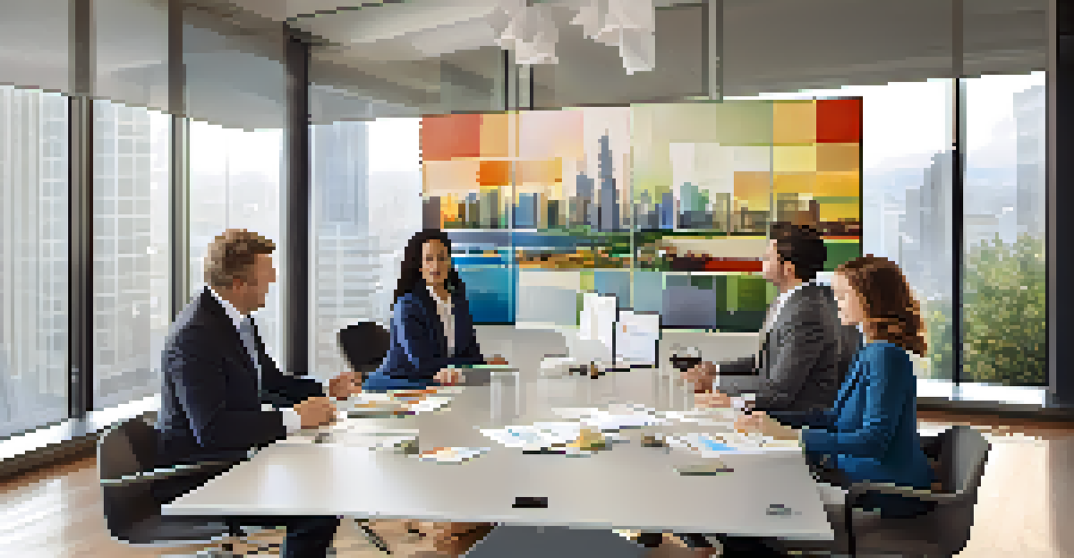 A group of diverse real estate agents in a modern conference room discussing property listings with charts on the table.