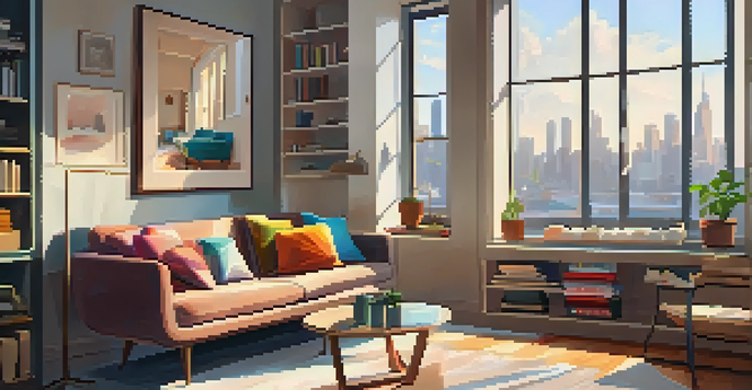 A bright and inviting living room with a bookshelf, sofa, and city skyline view through large windows.