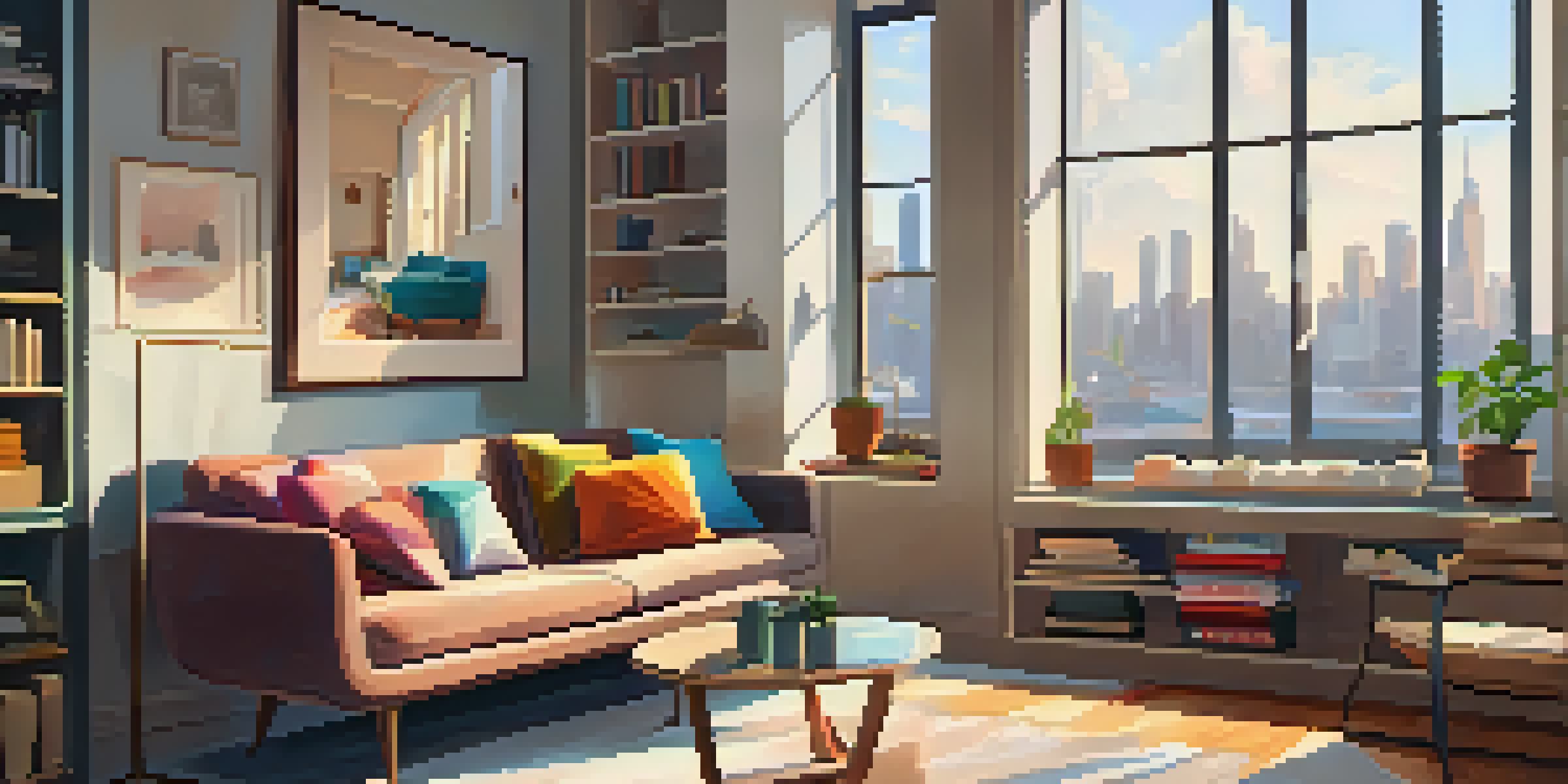 A bright and inviting living room with a bookshelf, sofa, and city skyline view through large windows.