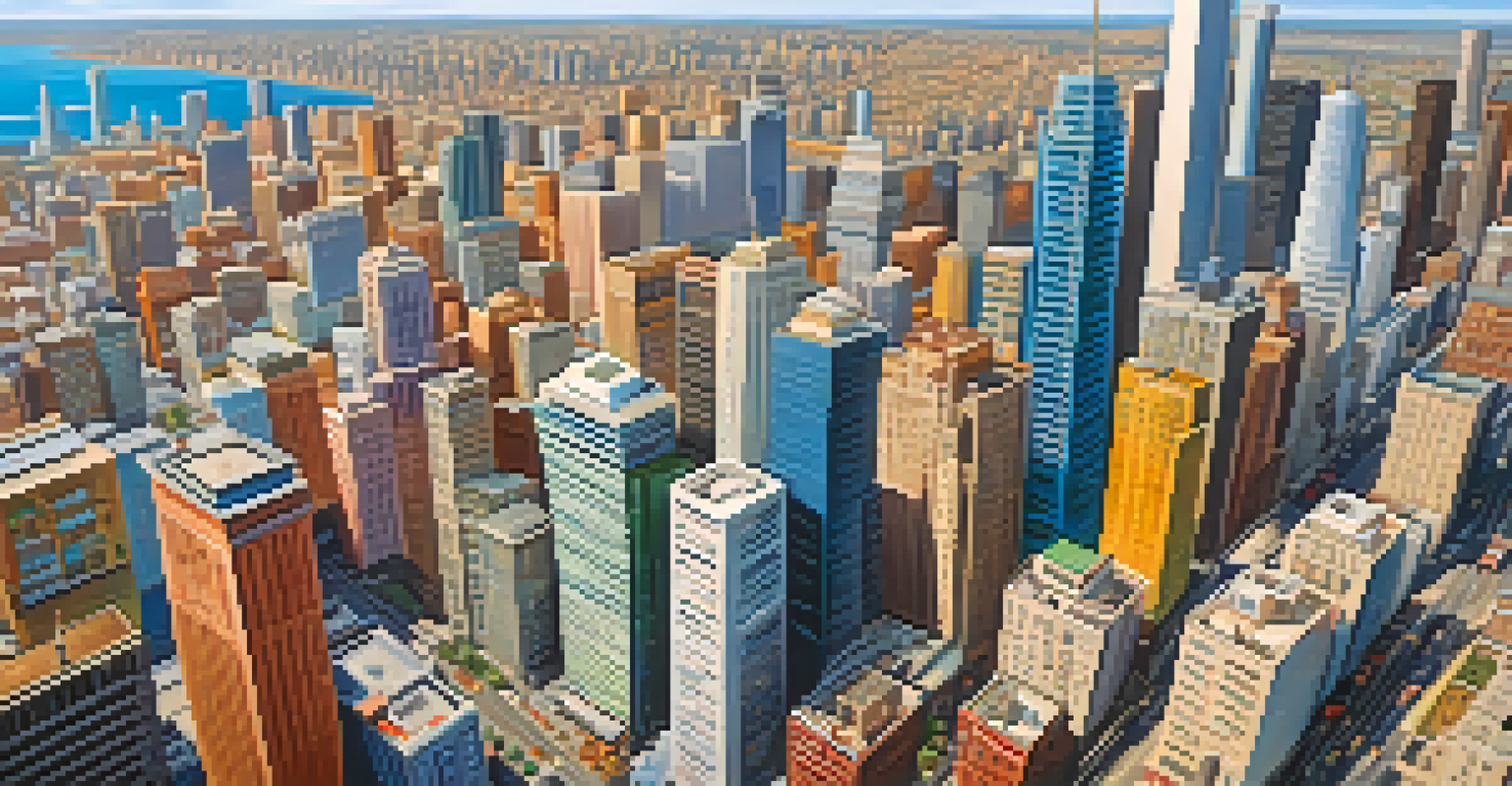 An aerial view of a city with neighborhoods highlighted to show real estate market trends.