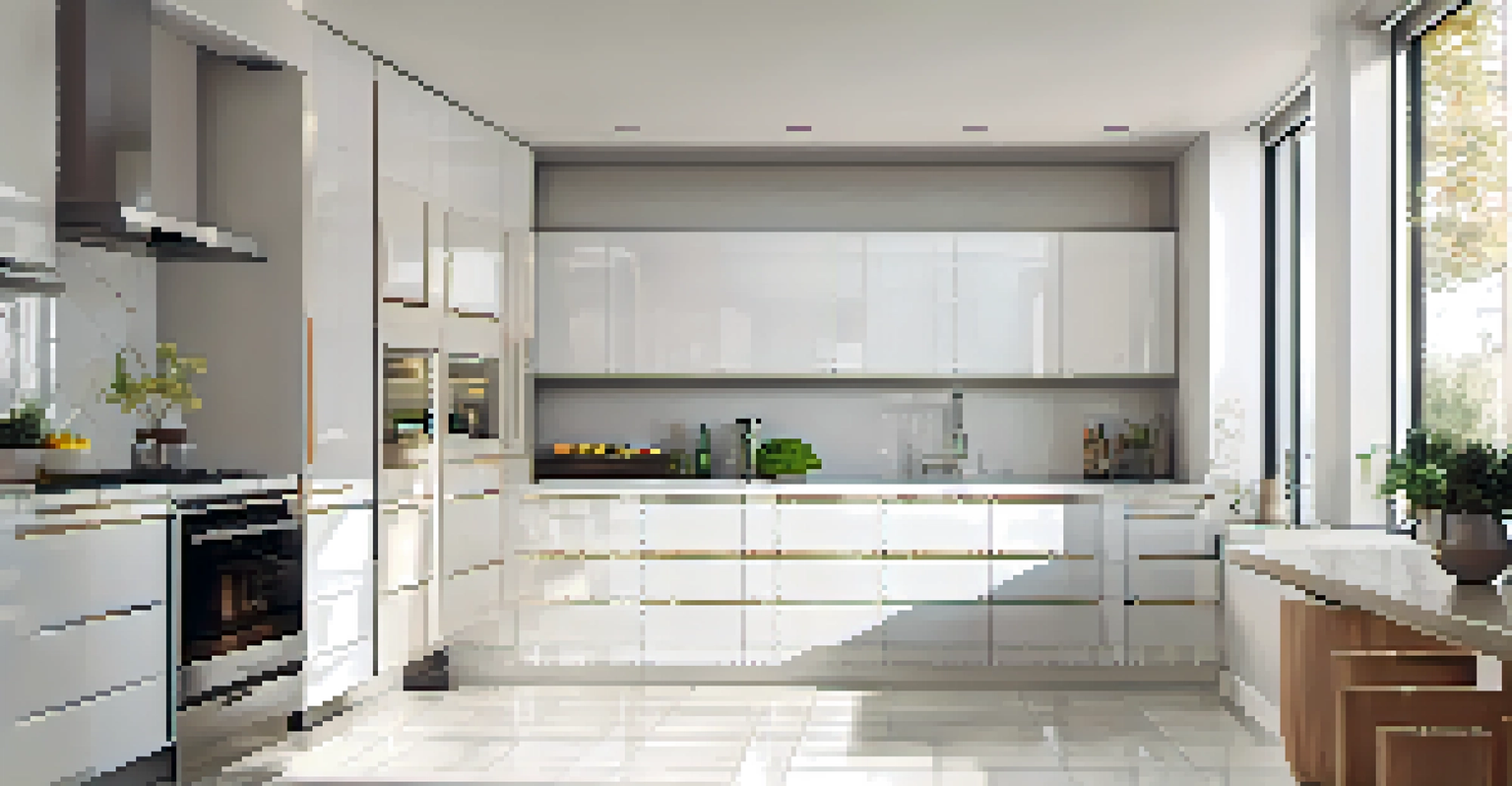 A bright kitchen featuring glossy white tile flooring and modern appliances.