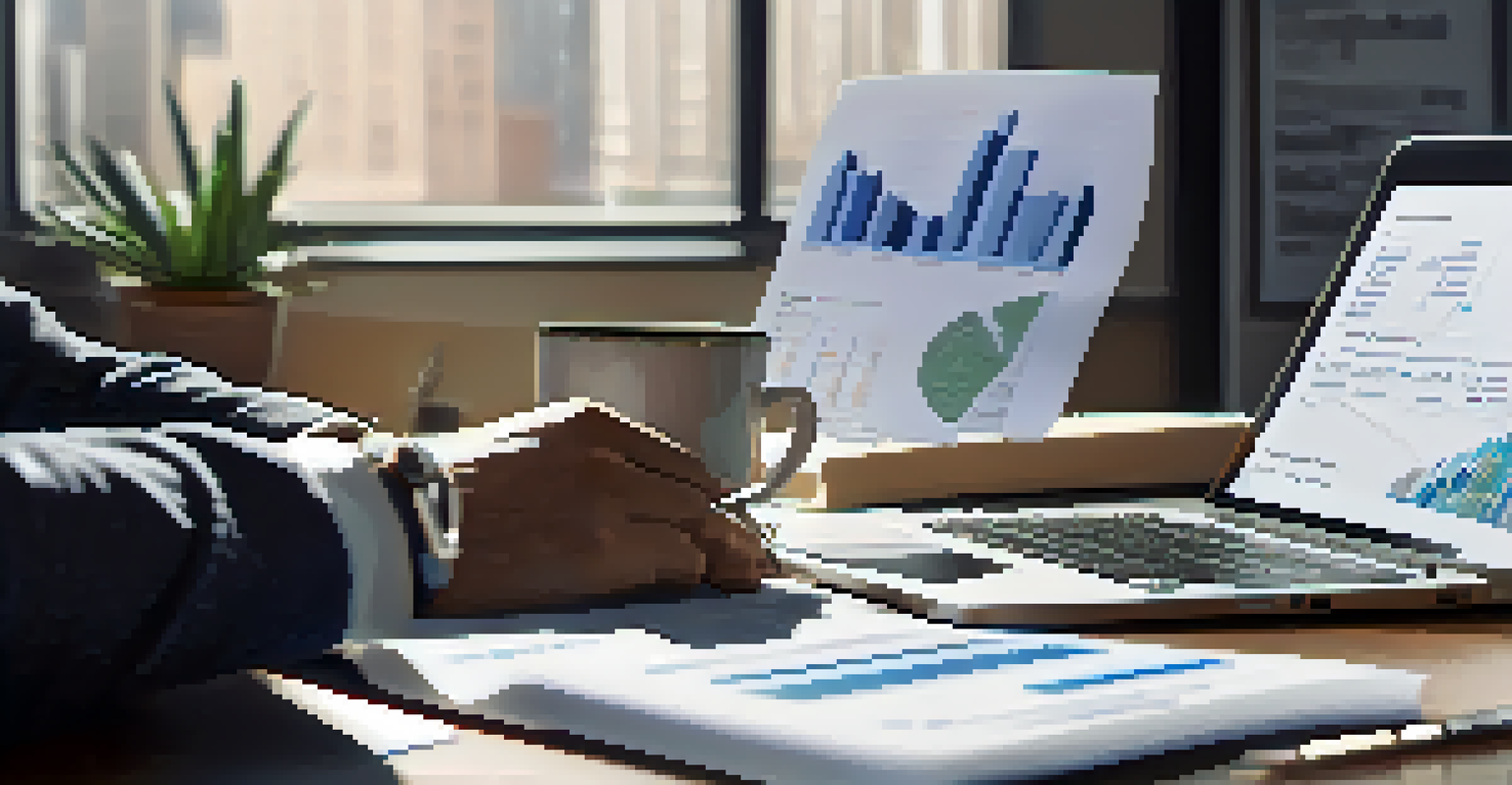A person analyzing financial documents related to capital gains tax on a laptop, with a coffee cup and plant on a desk.