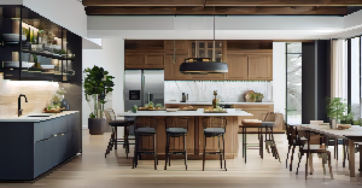 A kitchen and dining area in an open floor plan with a large island and dining table, designed for social interaction.