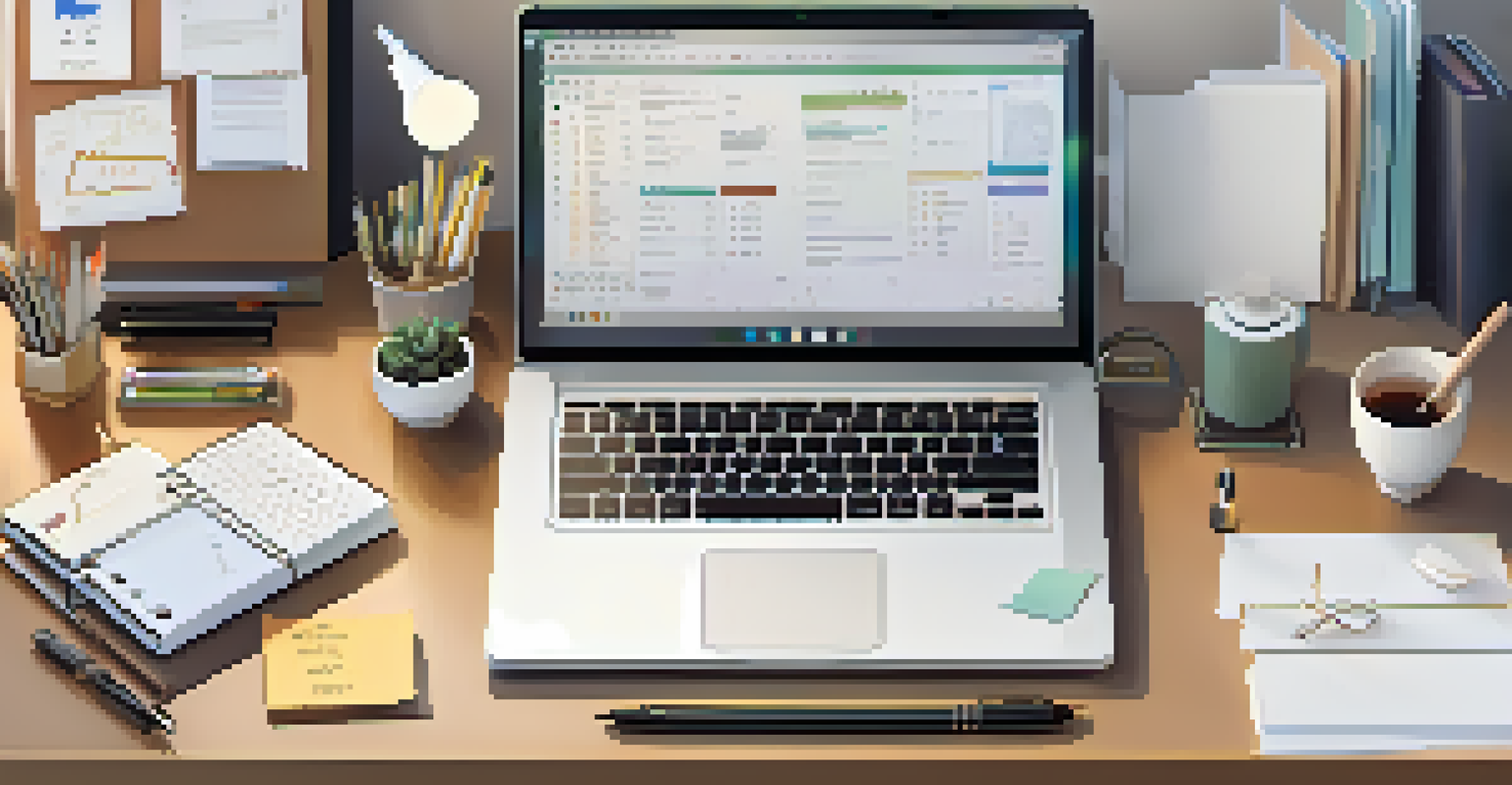 A laptop showing a clean digital workspace with organized office supplies like pens and notepads on a stylish desk.