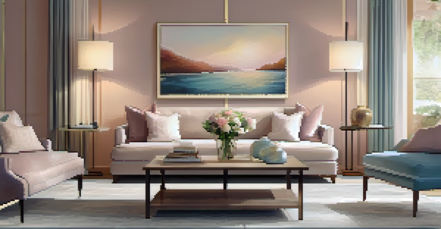 An elegant living room showcasing layered lighting with a floor lamp, table lamp, and artwork highlighted by accent lights.