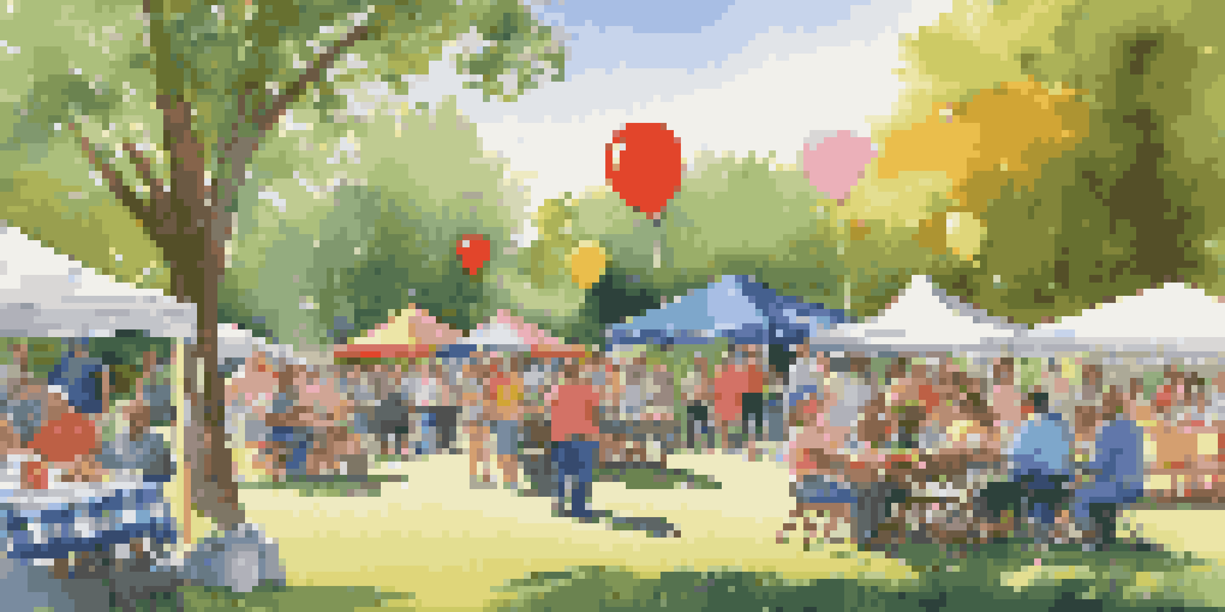 A lively community BBQ gathering in a park with diverse people socializing, colorful decorations, and children playing.