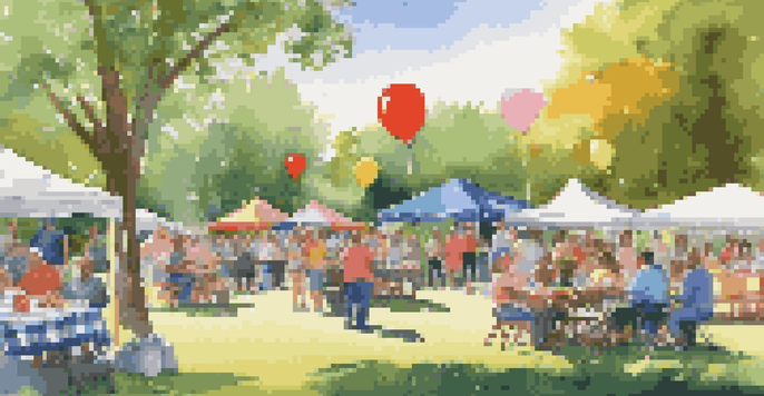 A lively community BBQ gathering in a park with diverse people socializing, colorful decorations, and children playing.