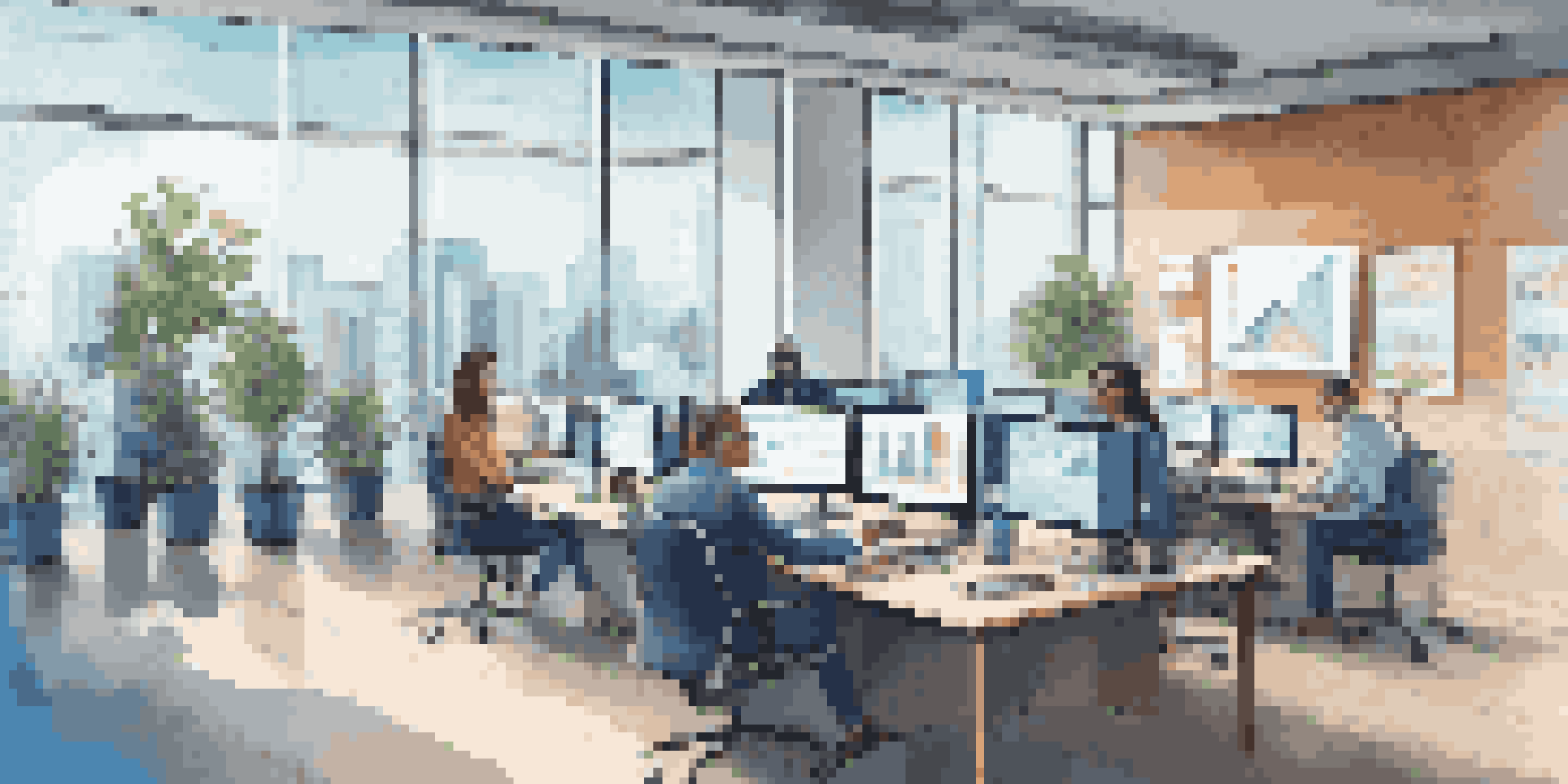 A diverse team of real estate professionals in a modern office, analyzing big data trends on laptops and discussing strategies around a conference table.