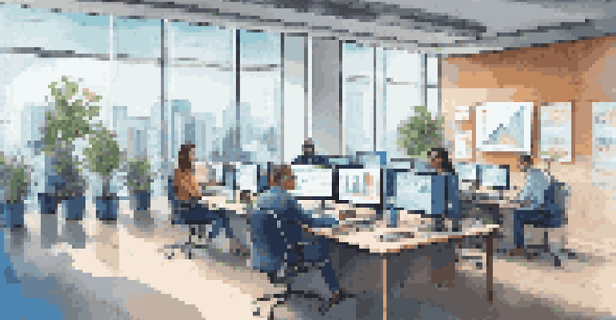 A diverse team of real estate professionals in a modern office, analyzing big data trends on laptops and discussing strategies around a conference table.