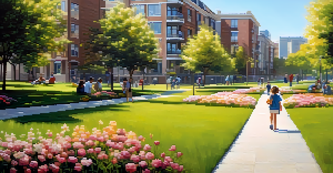 An urban park with blooming flowers, people walking, and children playing under warm sunlight.