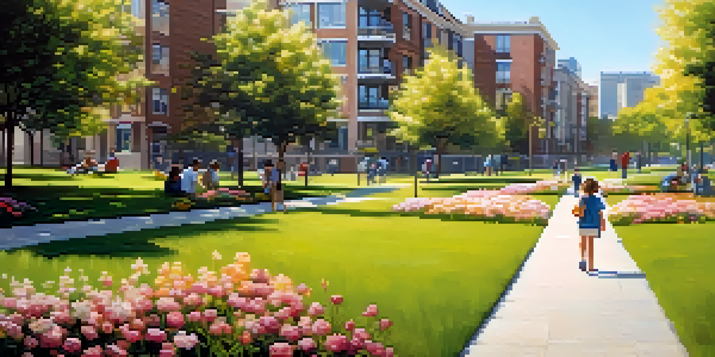 An urban park with blooming flowers, people walking, and children playing under warm sunlight.