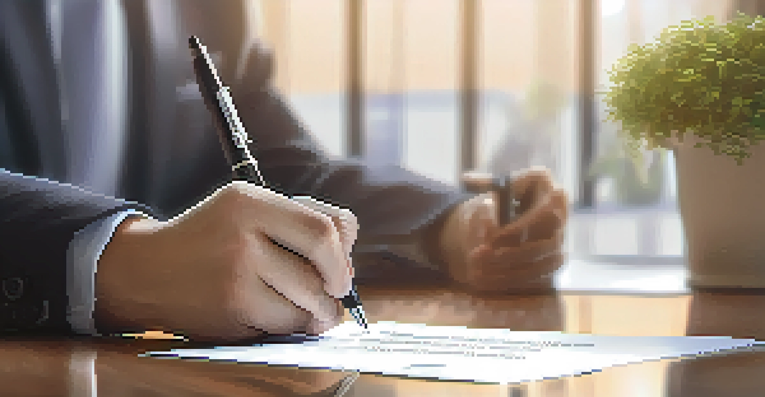 A close-up of a closing document being signed with a pen, set on a table with a plant and coffee cup in a modern office.