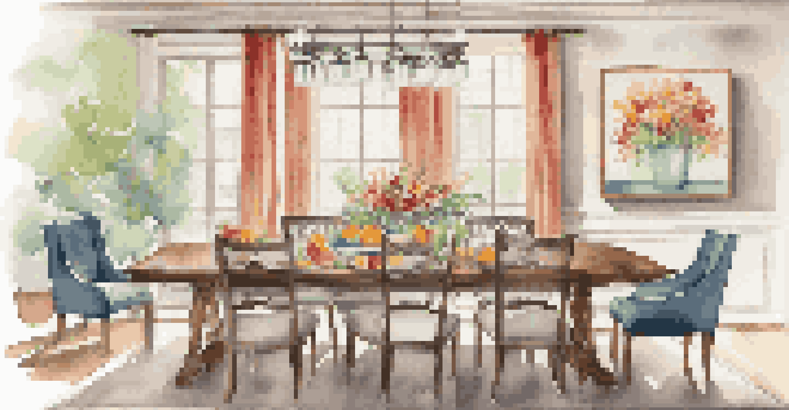 A dining area with a solid wood table, stylish chairs, and a warm ambiance created by soft lighting and family-themed artwork on the walls.