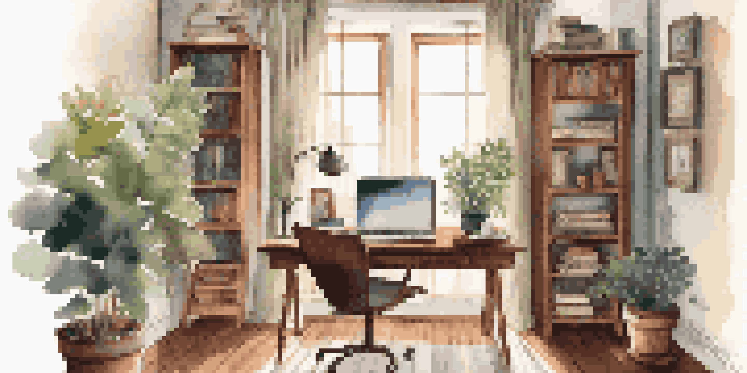 A warm and inviting home office with a laptop on a wooden desk, books, a coffee cup, and natural light coming through a window.