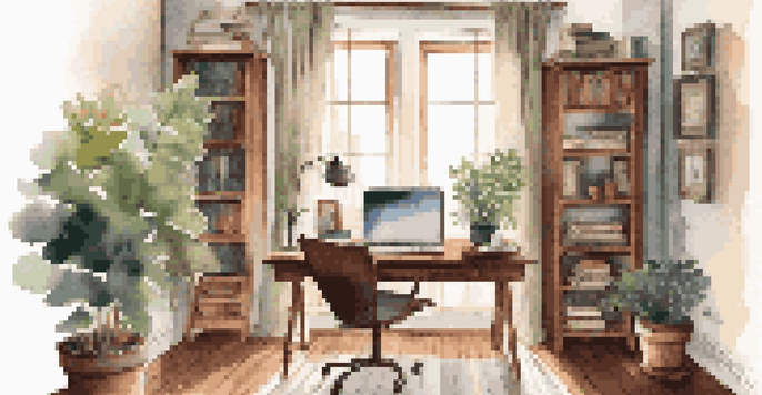 A warm and inviting home office with a laptop on a wooden desk, books, a coffee cup, and natural light coming through a window.