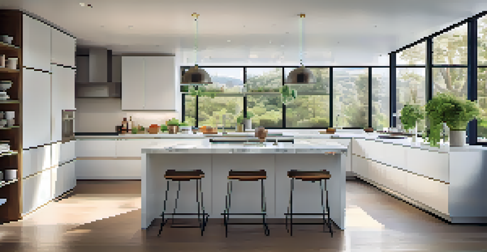 A contemporary kitchen with white cabinets, a marble island, and large windows allowing natural light in.