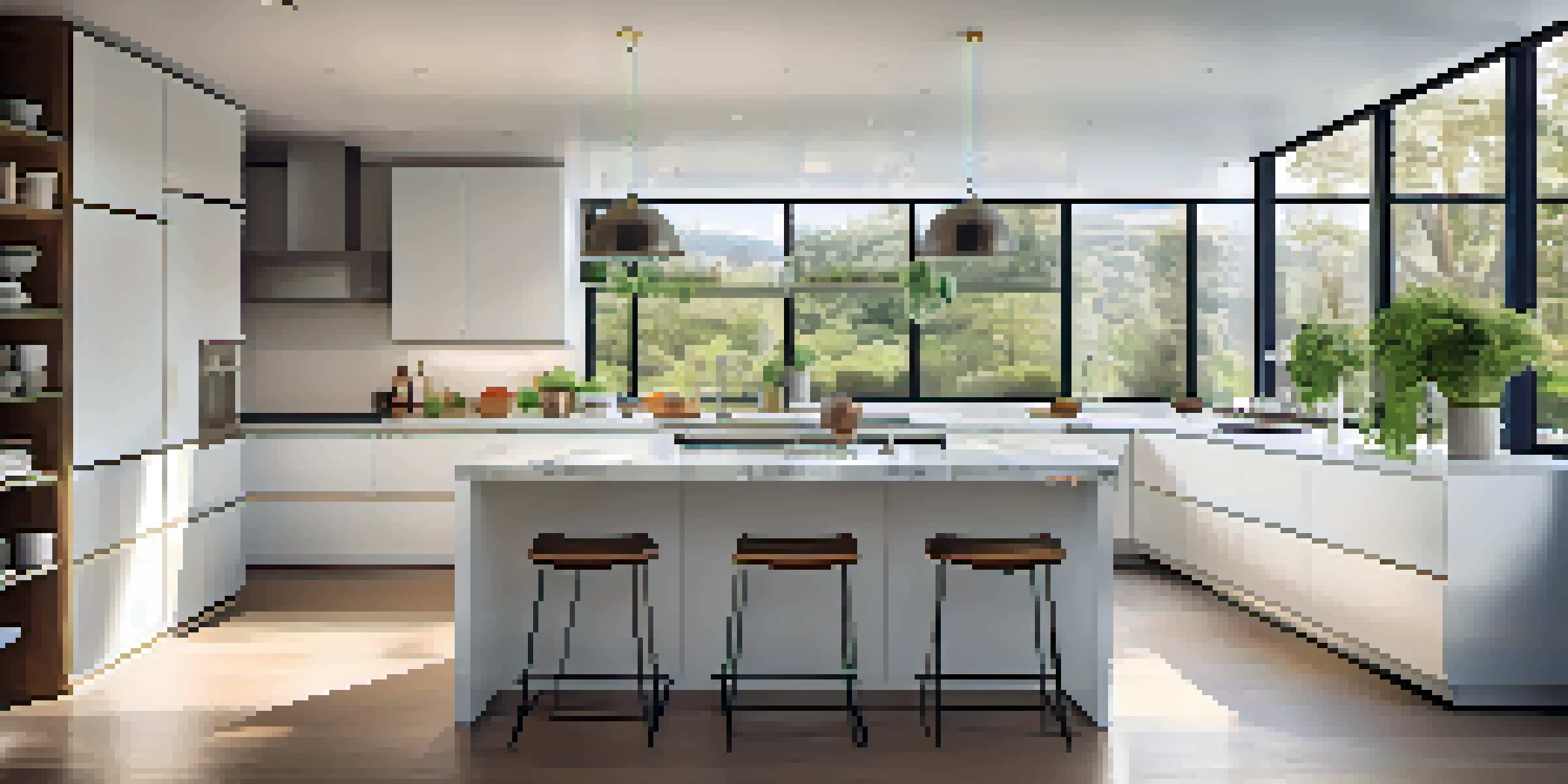 A contemporary kitchen with white cabinets, a marble island, and large windows allowing natural light in.