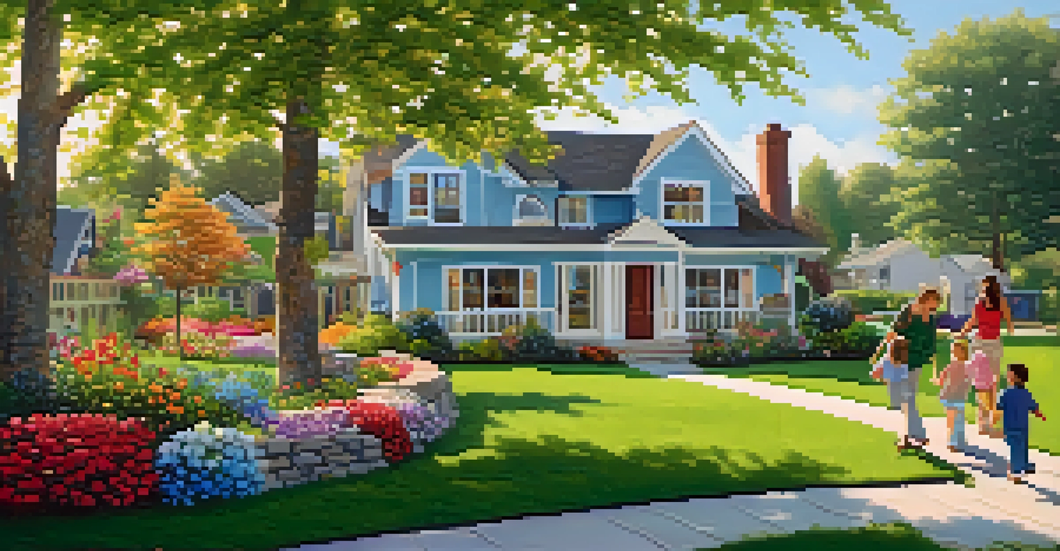 A family discussing their new home in front of a charming house, with a clear sky and green lawn, expressing joy and excitement.