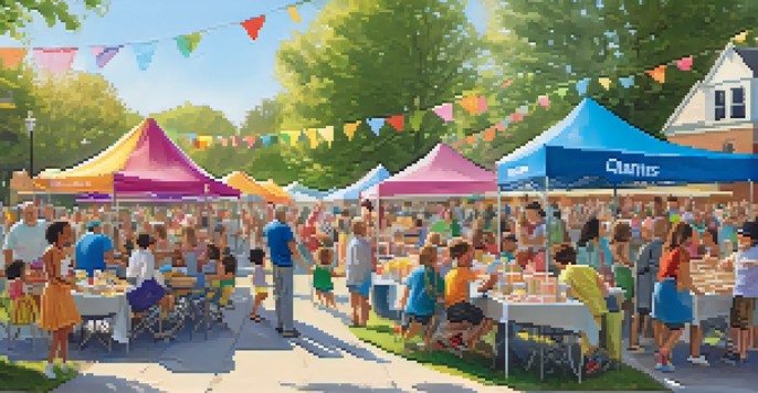 A lively bake sale in a park with families and children participating, showcasing a banner for charity support.