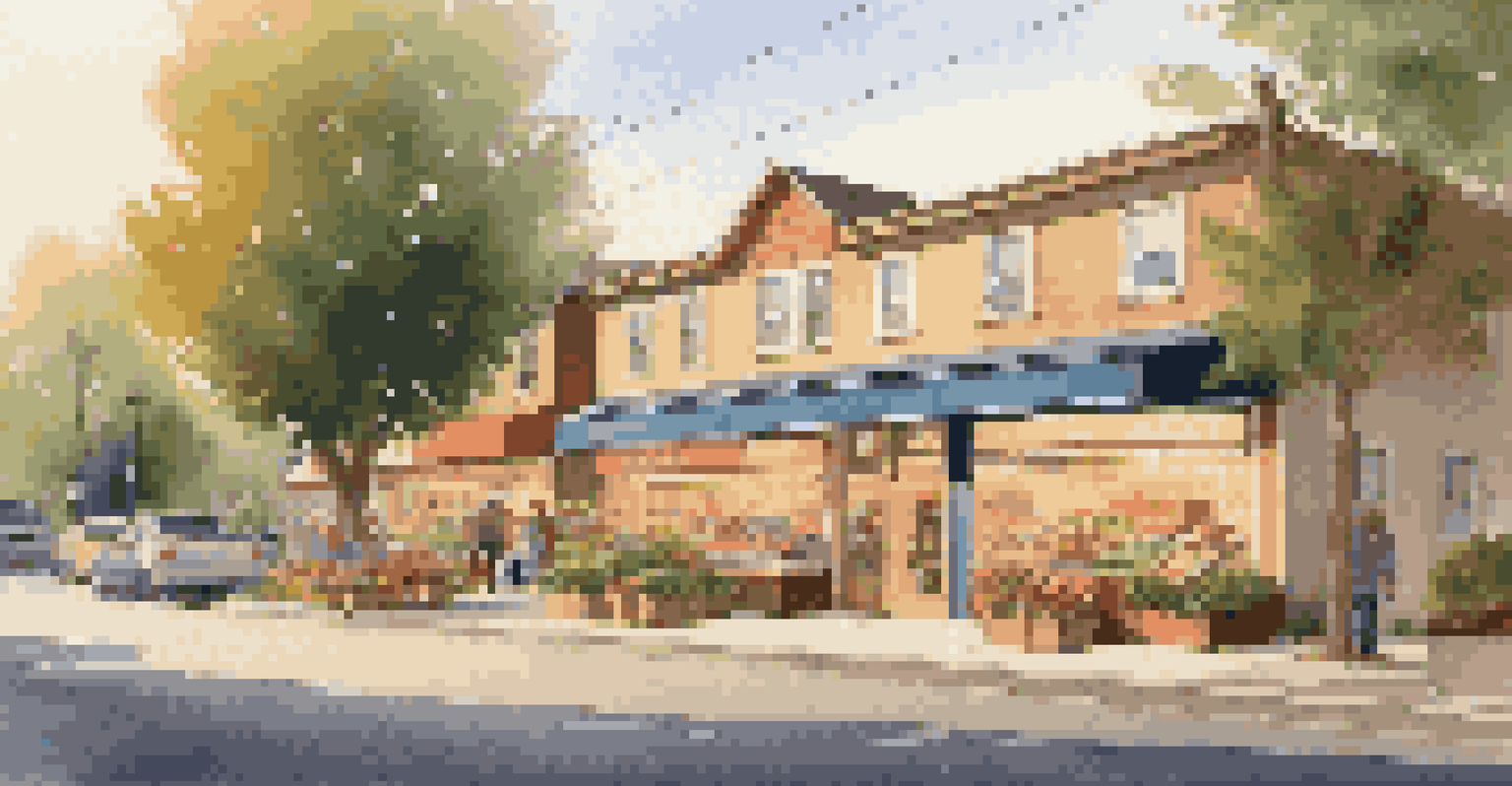 A peaceful suburban street with a charming grocery store, families walking, and trees lining the street.