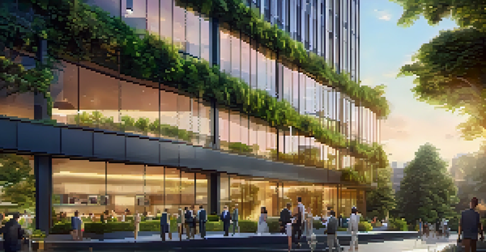 A group of diverse investors discussing a real estate project in front of a modern office building surrounded by greenery during sunset.