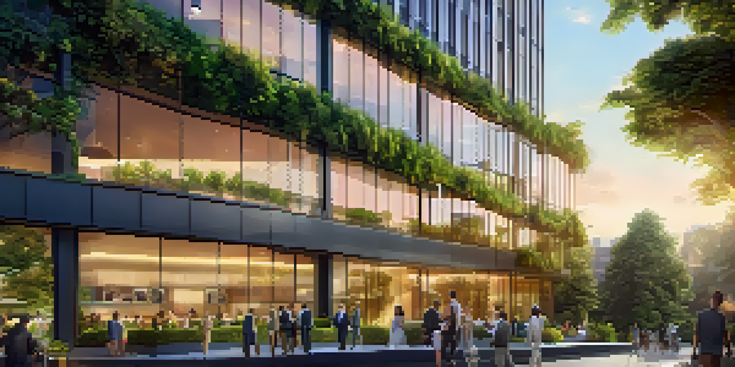 A group of diverse investors discussing a real estate project in front of a modern office building surrounded by greenery during sunset.