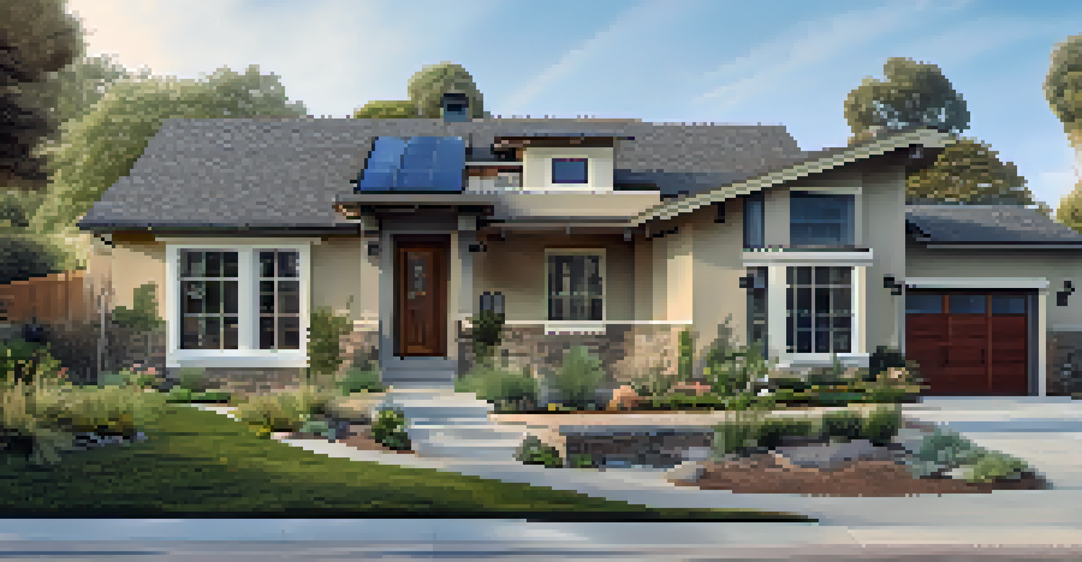 An outdoor view of a well-maintained home with rainwater harvesting, drought-resistant plants, and eco-friendly exterior features.