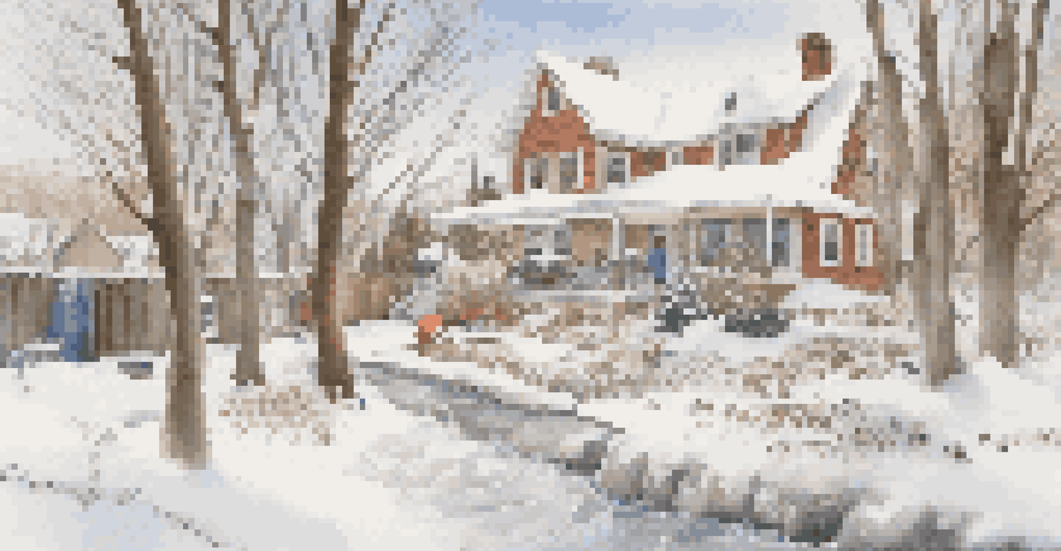 A snowy outdoor scene showing insulated pipes and a person salting a walkway.