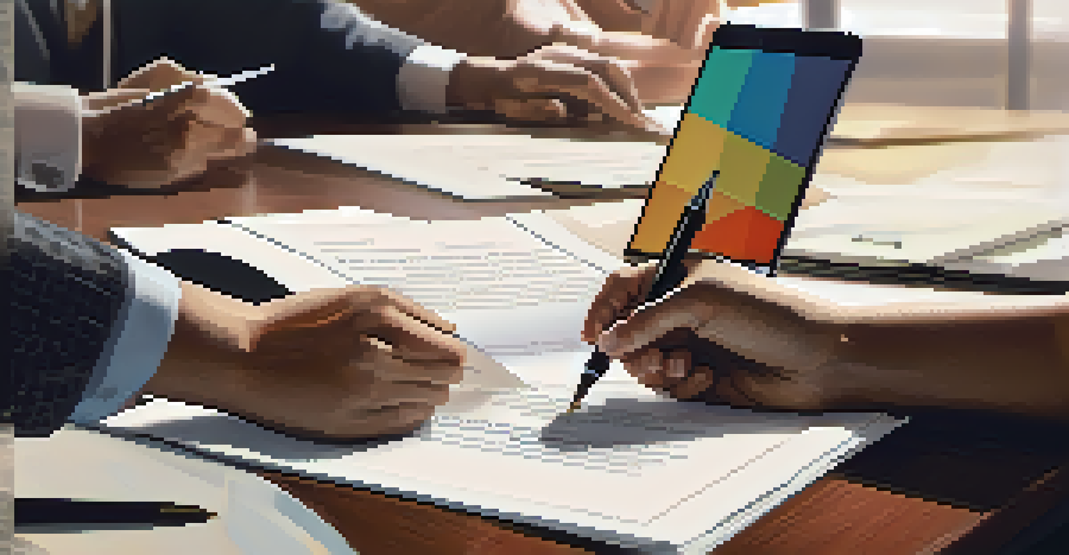 Hands exchanging a signed contract over a desk, with a pen and a tablet visible, in a warm and professional setting.