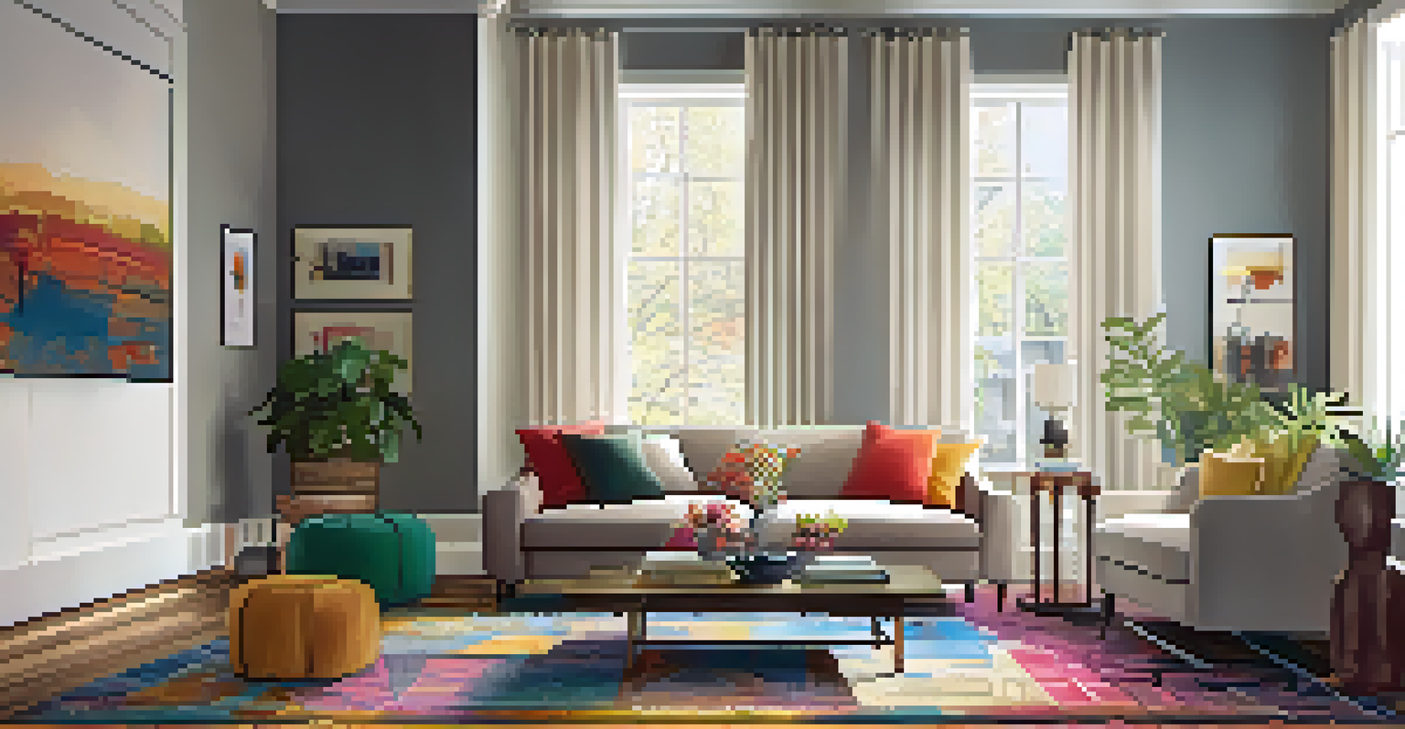 A cozy living room with a comfortable sofa, colorful cushions, and soft lighting, creating a warm and welcoming space.
