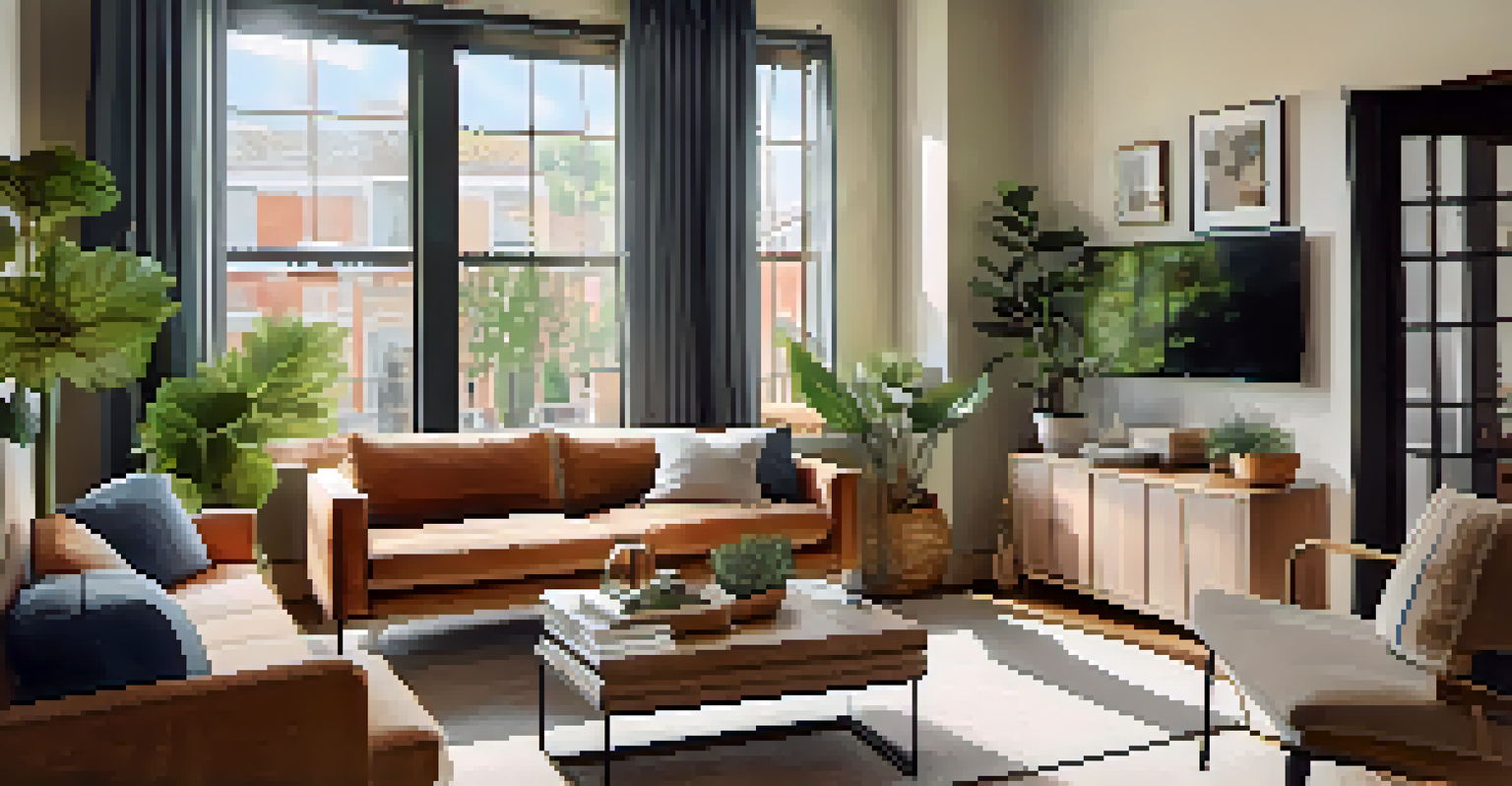 A stylish living room in a short-term rental, featuring comfortable furniture and warm lighting.