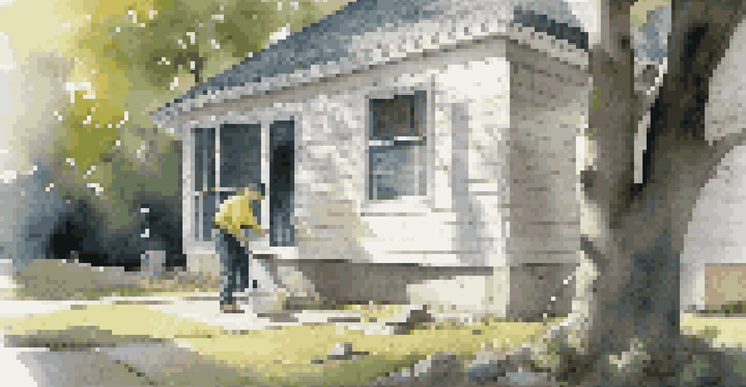 A licensed inspector examining the foundation of a house with a flashlight, showing cracks in the concrete, surrounded by sunlight filtering through trees.