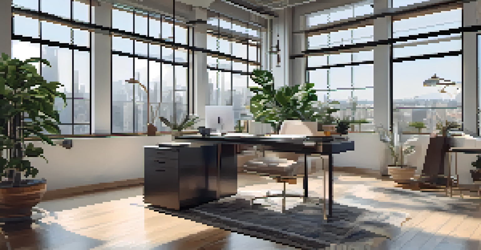 A contemporary workspace with sleek furniture and a view of a bustling city through large windows.