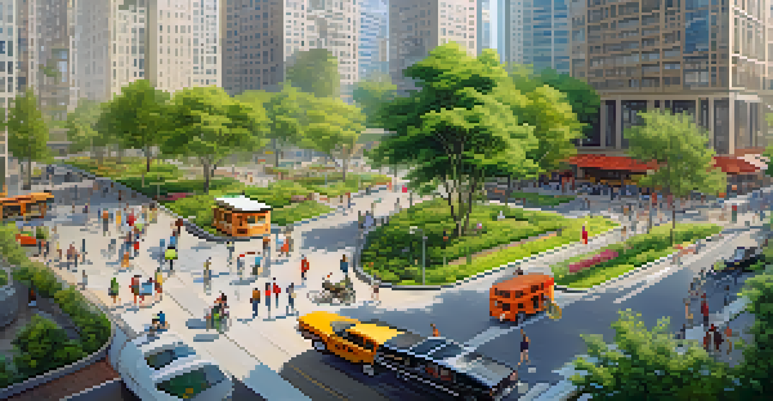 Aerial view of a busy urban area with skyscrapers, parks, and people.