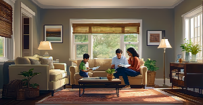 A family in a cozy living room, looking at documents related to home sales, with warm lighting and a comfortable atmosphere.