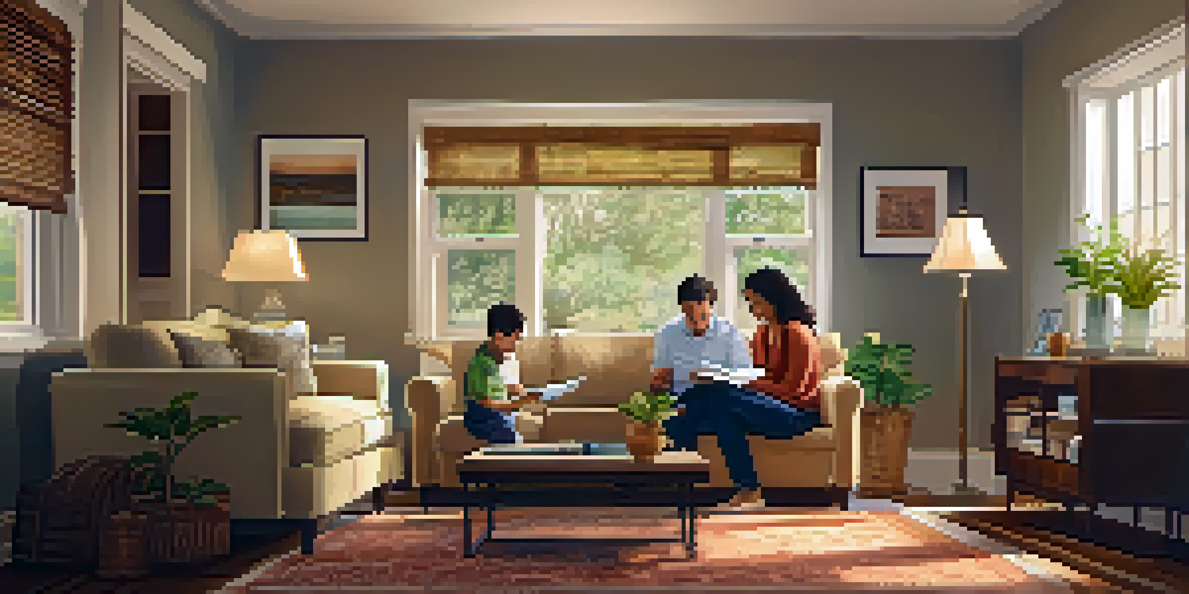 A family in a cozy living room, looking at documents related to home sales, with warm lighting and a comfortable atmosphere.