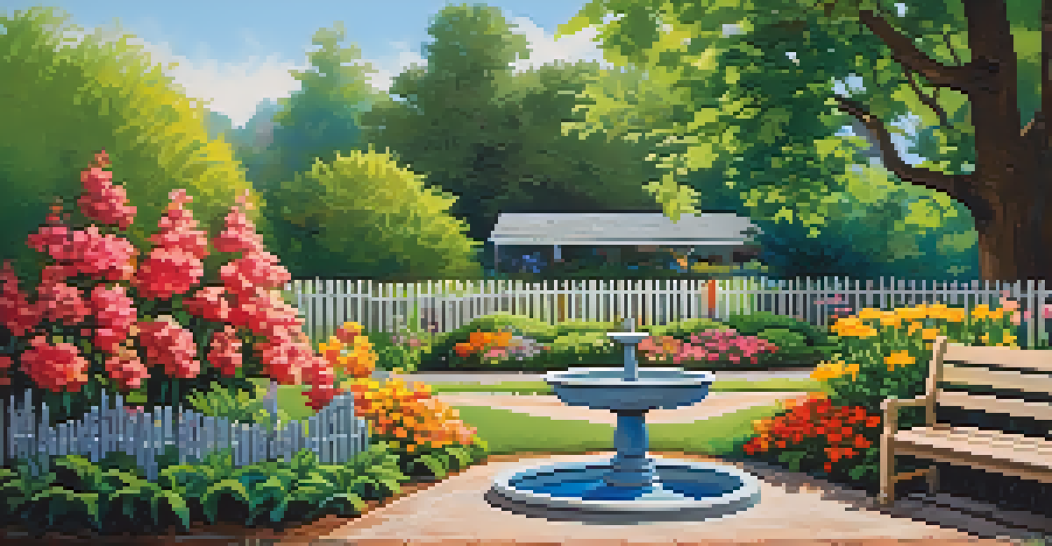 A colorful garden with flowers, a birdbath, and a bench under a clear blue sky.