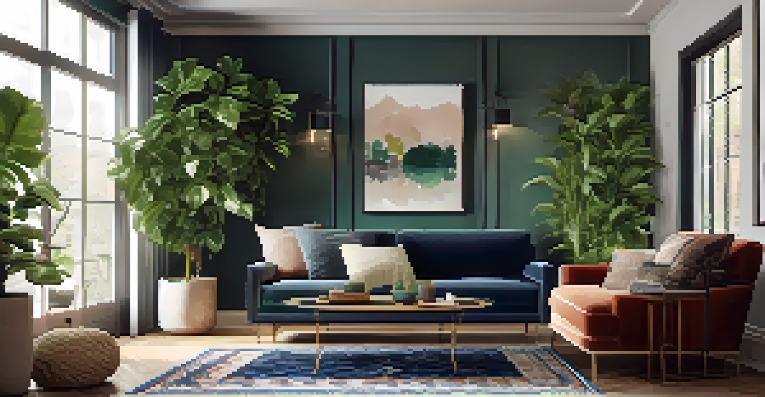 A cozy corner featuring a velvet sofa with throws, a patterned rug, and potted plants, illuminated by warm lighting from a stylish lamp.
