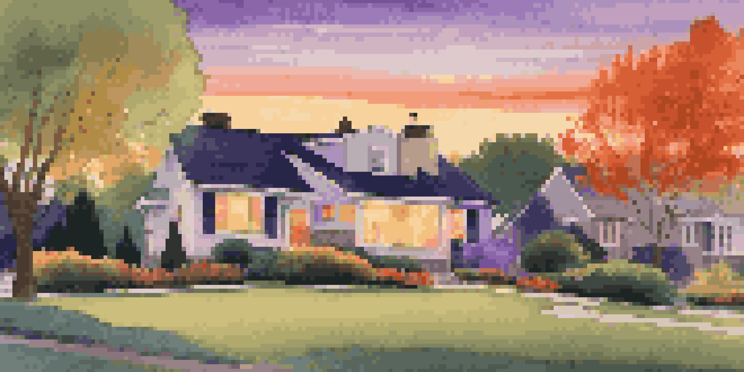 A peaceful suburban neighborhood at sunset, showcasing a modern house with a lush garden and colorful flowers under a vibrant sky.