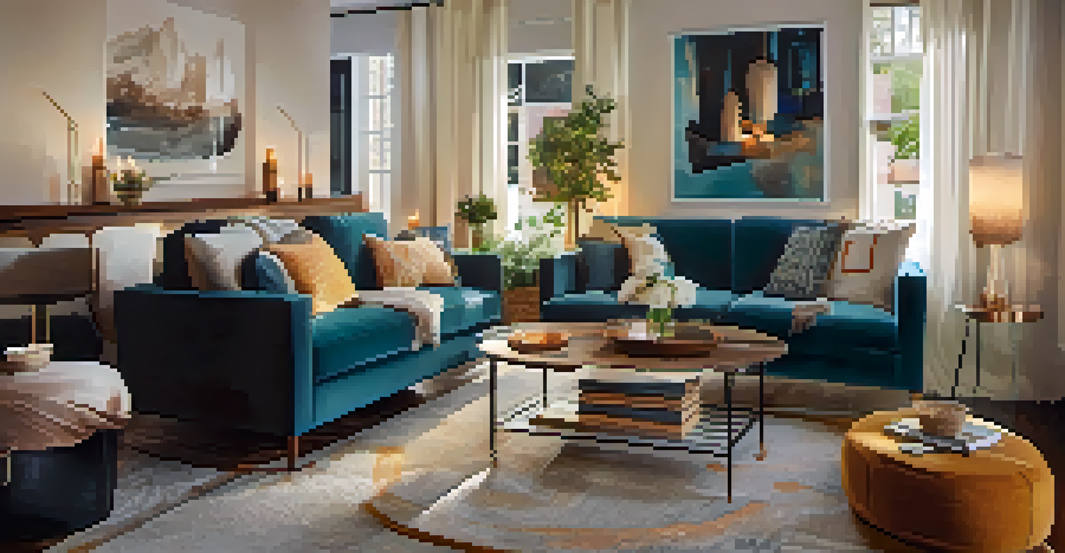 A cozy living room with a sofa, throw pillows, and a coffee table, warmly lit with candles.