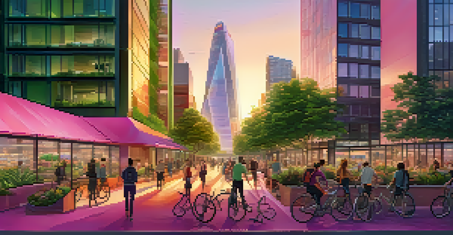 A stunning city skyline at sunset featuring green buildings with solar panels and rooftop gardens, with cyclists and pedestrians on the street.