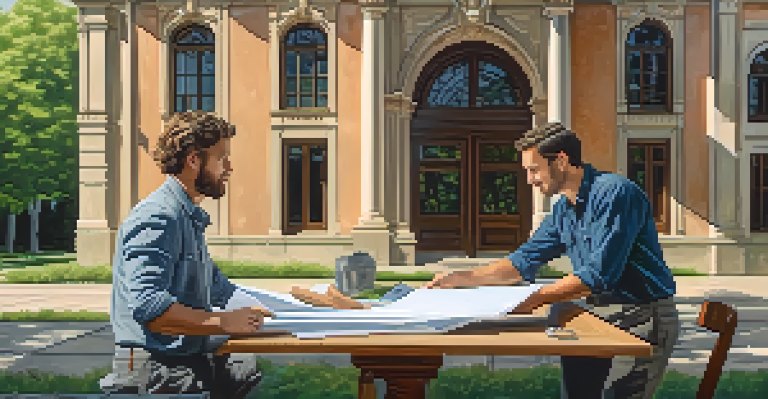 An architect and an artisan discussing restoration blueprints in front of a restored historic building, surrounded by greenery and natural light.