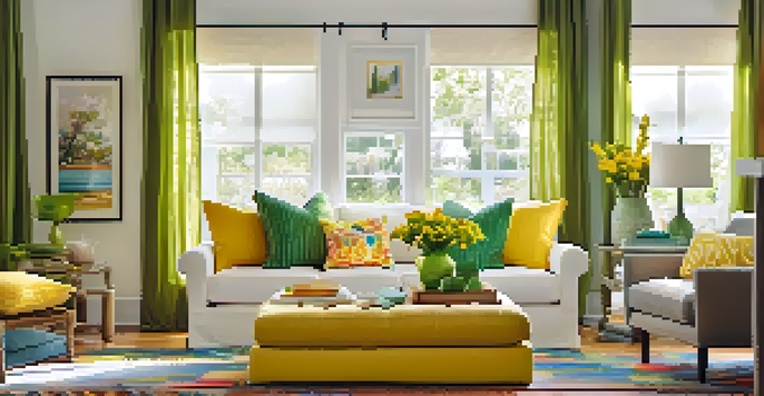 A colorful living room filled with yellow and green pillows, a vibrant rug, and framed summer-themed art on the walls, illuminated by soft sunlight.
