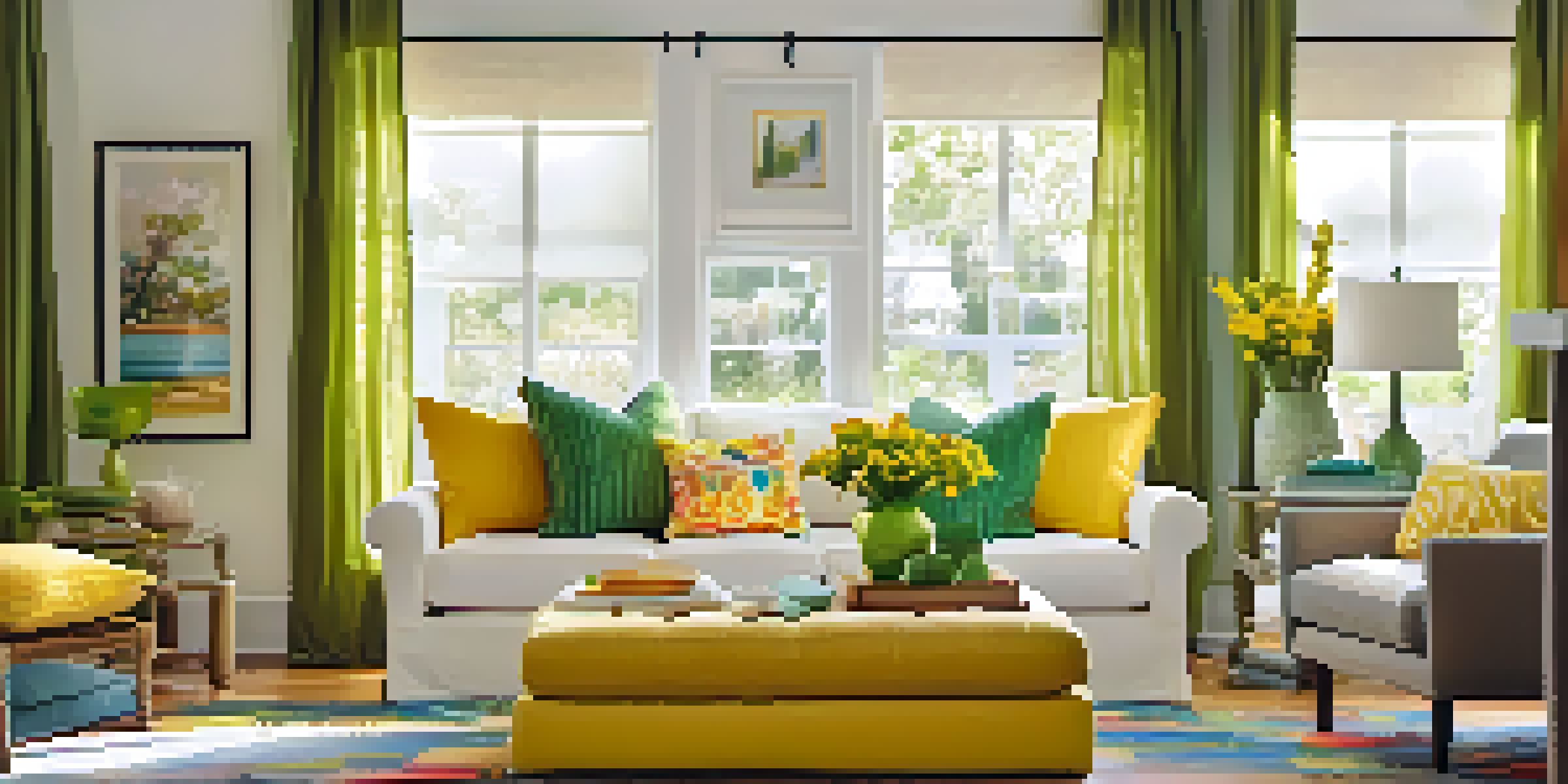 A colorful living room filled with yellow and green pillows, a vibrant rug, and framed summer-themed art on the walls, illuminated by soft sunlight.