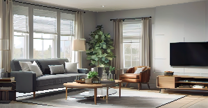 A contemporary living room with a smart surveillance camera and a smartphone showing live footage, illuminated by sunlight.