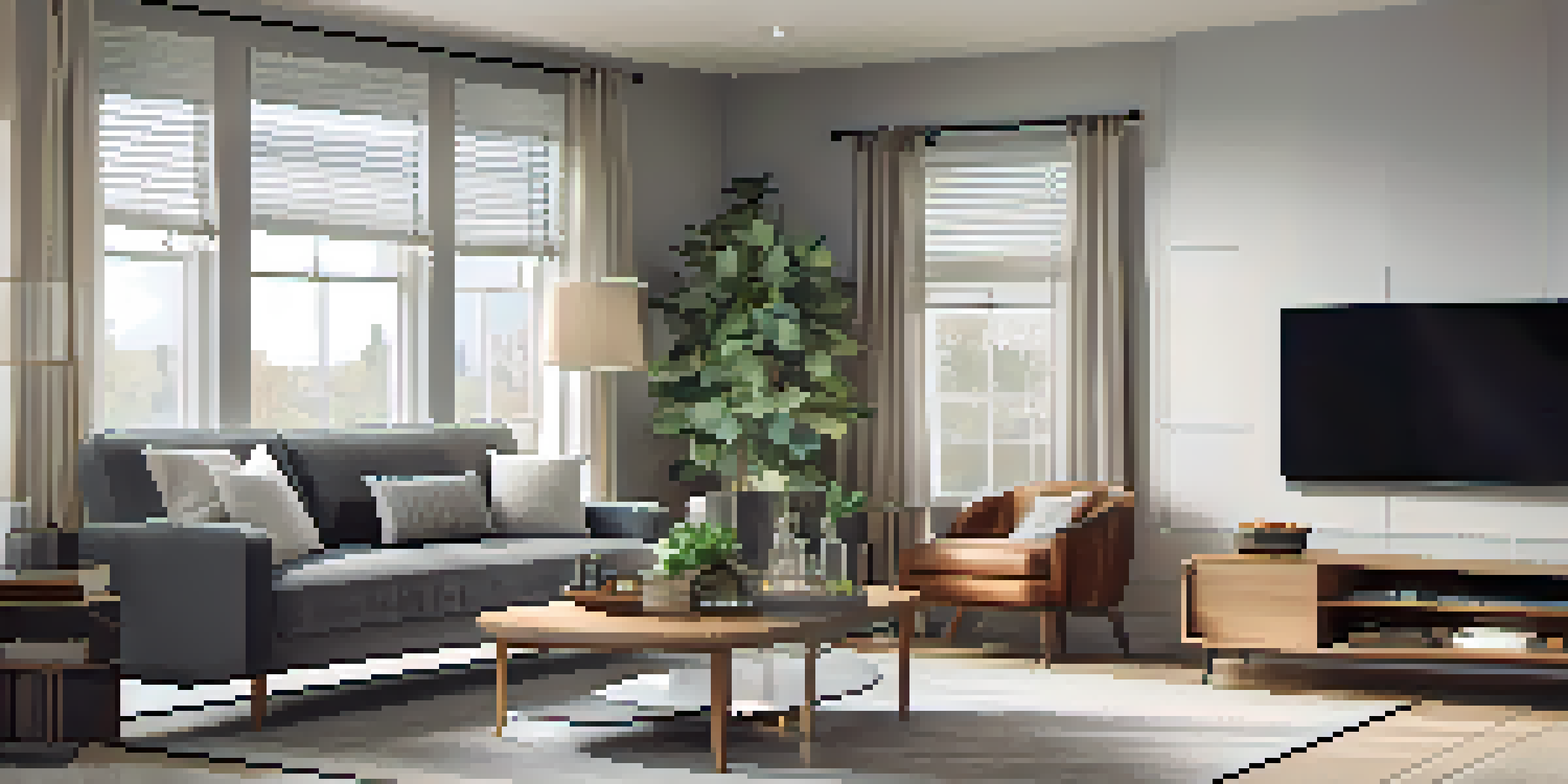 A contemporary living room with a smart surveillance camera and a smartphone showing live footage, illuminated by sunlight.