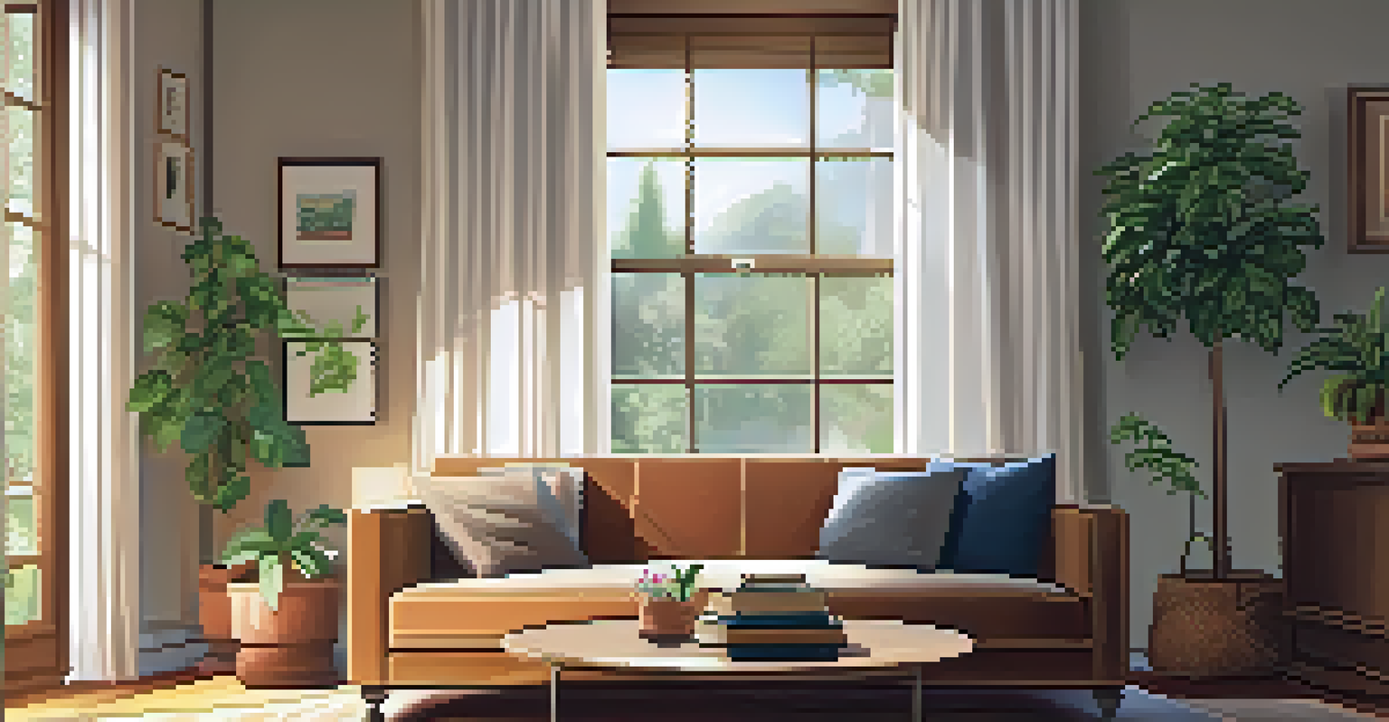 A warm and inviting living room with a sofa, coffee table, and potted plant, illuminated by natural light.